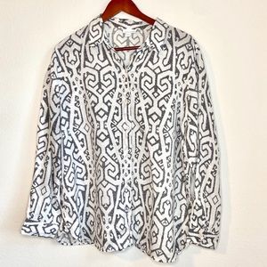 J JILL LOVE LINEN Patterned Gray Button Down Top